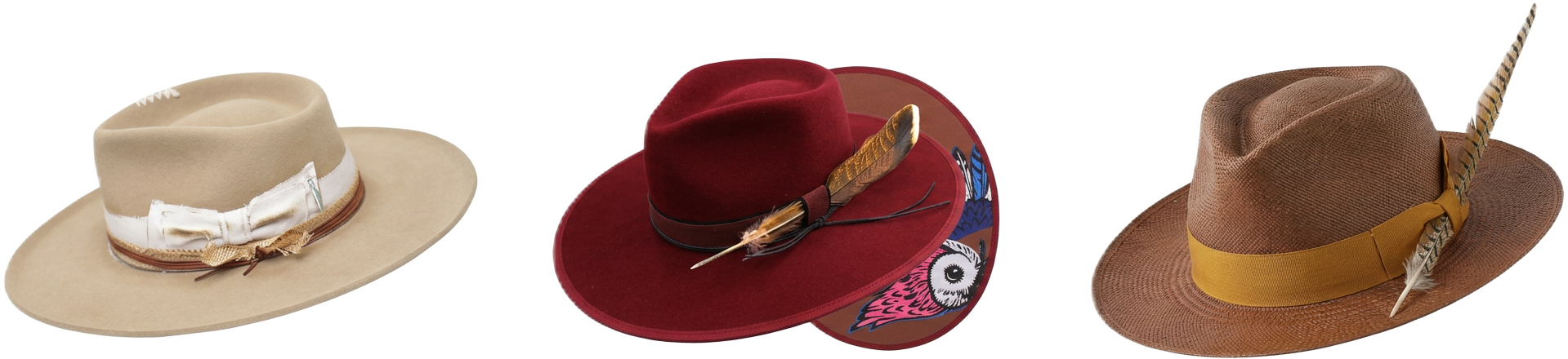 Kerry Kouture Beaver, Wool and Straw fedoras, with the signature owl underbrim on the Beaver and Wool pieces