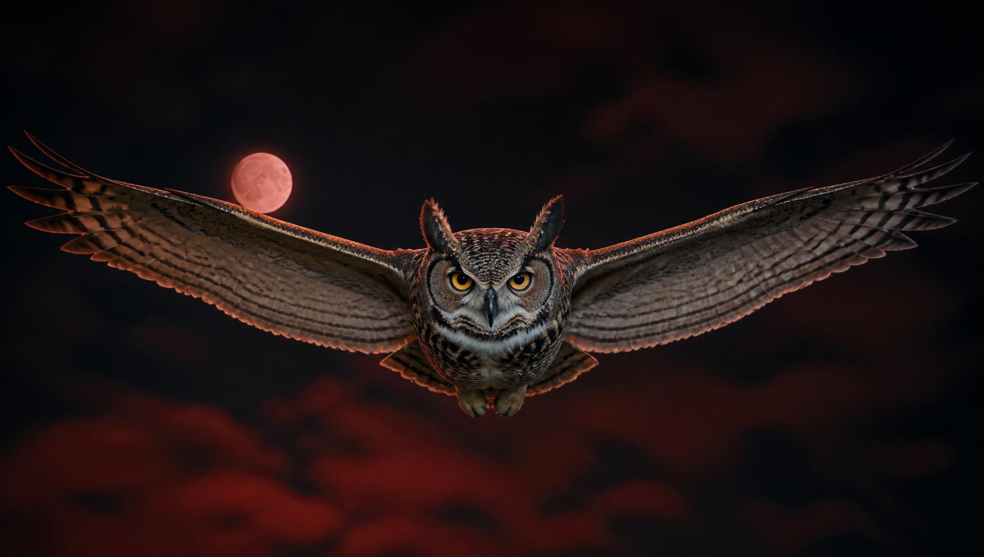 The Kerry Kouture owl in flight at night, wings fully open beneath the moon